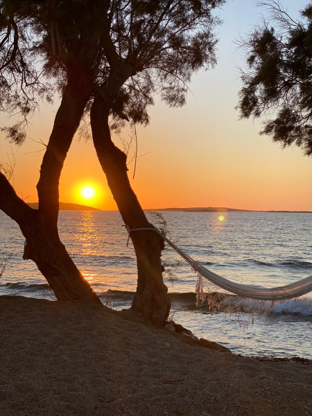 hotel de charme paros - coucher de soleil sur la plage au travers d'un arbre sur lequel est accroché un hamac