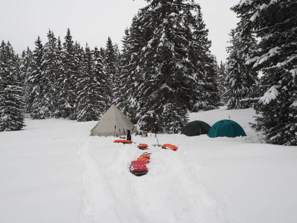Pulka Vercors - campement dans la neige qui se compose de 3 tentes : une grande pour la cuisine et 2 igloos pour la nuit