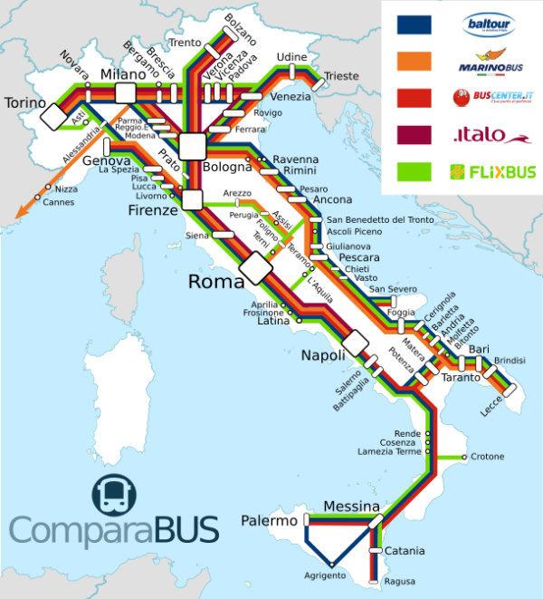 Comment se déplacer en Italie : carte du réseau des principales lignes de bus italiennes avec les compagnies les desservant