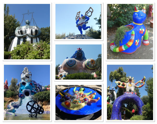 Sud de la Toscane - Jardin des Tarots de Niki de Saint Phalle. Montage photo de 7 oeuvres que l'on peut voir dans le jardin : la justice, une nana, un chat...