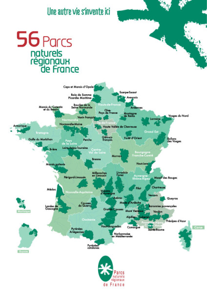 green tourism in france - Map of France showing the 56 regional nature parks in dark green on the territory