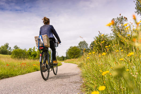 Slow Tourisme Touraine - femme sur un vélo avec un panier en osier sur le porte bagage sur une route bordée de fleurs jaunes