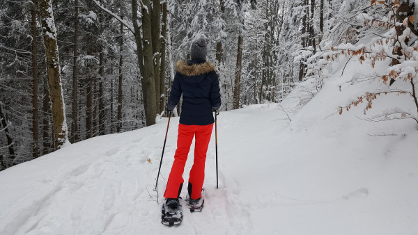Femme de dos dans une forêt enneigée avec un pantalon se ski rouge , une doudoune noire avec de la moumoute marron sur la capuche et un bonnet à pompom gris