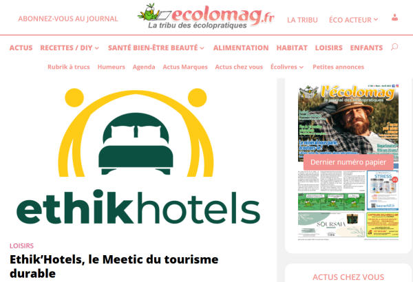 Capture ecran de l'article sur Ethik Hotels sur Ecolomag